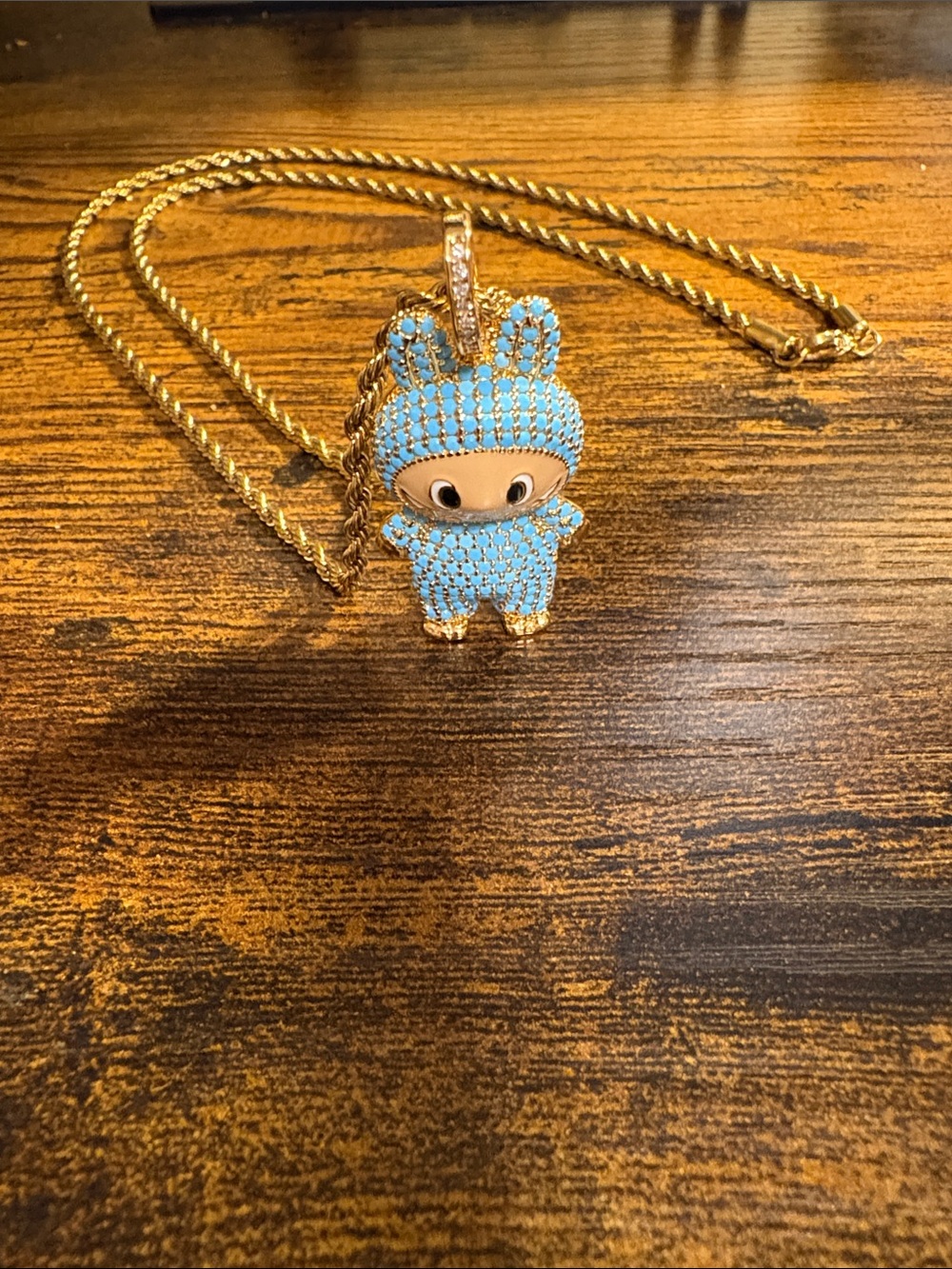 Gold-tone Bunny Pendant Necklace in Light Blue